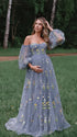 Dusty Blue Floral Maternity Dress, Embroidered Tulle Baby Shower Dress for Maternity Photoshoot, Gender Reveal, Pregnancy Announcement and Formal Events | Bumplook