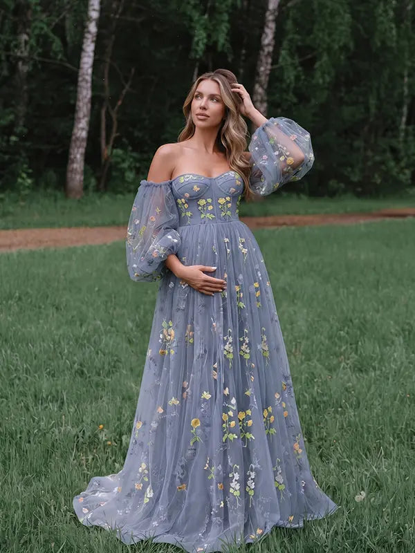 Dusty Blue Floral Maternity Dress, Embroidered Tulle Baby Shower Dress for Maternity Photoshoot, Gender Reveal, Pregnancy Announcement and Formal Events | Bumplook