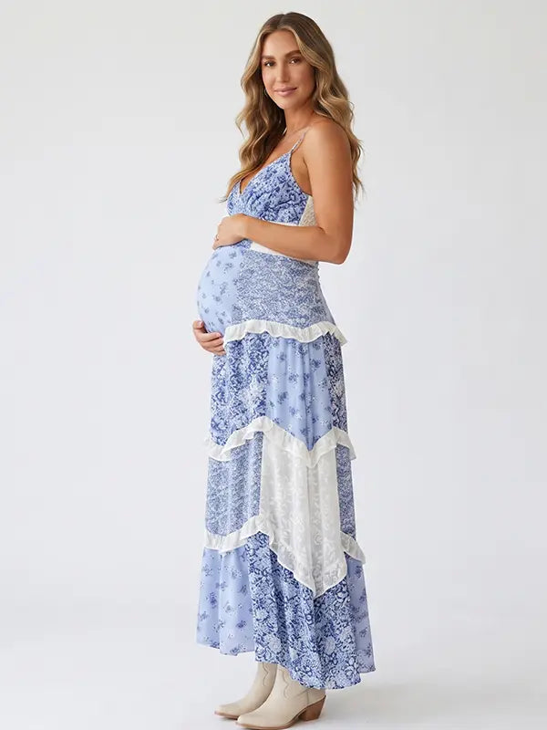 Blue Floral Maternity Dress, Cotton Boho Tiered Maxi Dress for Baby Shower, Maternity Photoshoot, Gender Reveal, Garden Party | Bumplook