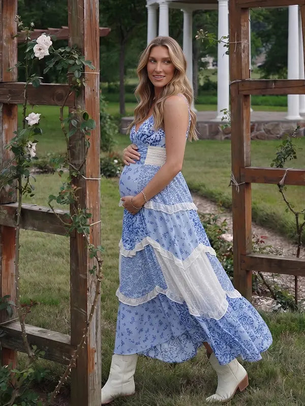 Blue Floral Cotton Maternity Dress with Cross Back, Boho Maxi Pregnancy Dress for Maternity Photoshoot, Baby Shower, Summer Events | Bumplook