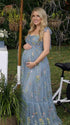 Blue floral embroidered maternity maxi gown for baby shower outfits and gender reveal 