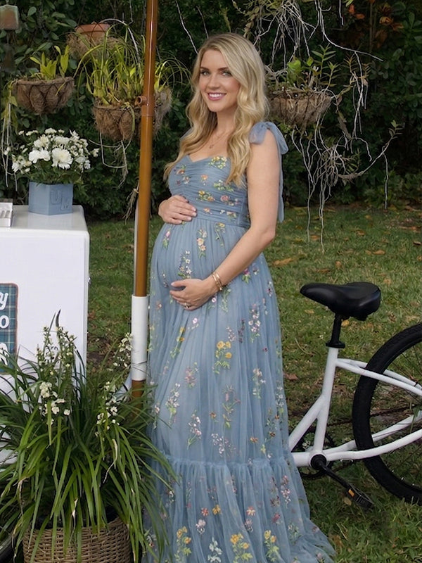 Blue floral embroidered maternity maxi gown for baby shower outfits and gender reveal 