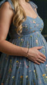 Blue floral embroidered maternity maxi gown for baby shower outfits and gender reveal 