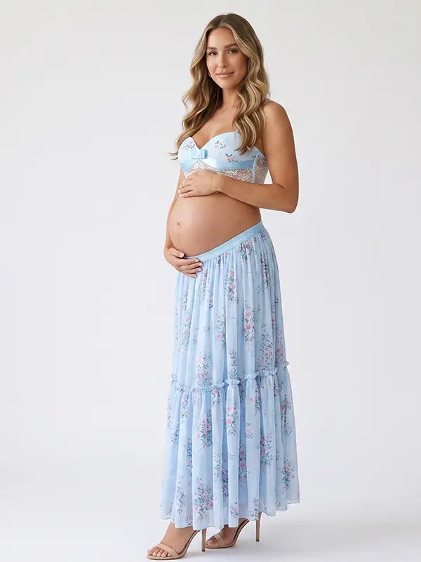 Blue Floral Maternity Two Piece Set, Maternity Outfit for Blue Baby Shower, Maternity Photoshoot, Pregnancy Announcement, Gender Reveal | Bumplook