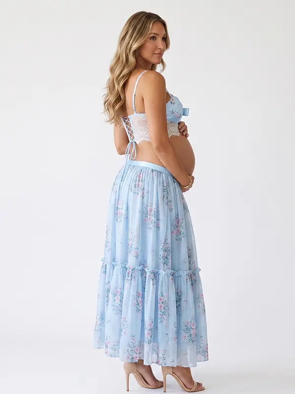 Blue Floral Maternity Two Piece Set, Maternity Outfit for Blue Baby Shower, Maternity Photoshoot, Pregnancy Announcement, Gender Reveal | Bumplook