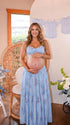 Blue Floral Maternity Two Piece Set with Lace Crop Top and Maxi Skirt for Baby Shower and Maternity Photoshoot | Bumplook