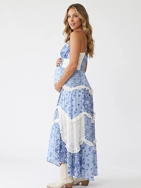 Blue Floral Cotton Maternity Dress with Cross Back, Boho Maxi Pregnancy Dress for Maternity Photoshoot, Baby Shower, Summer Events | Bumplook