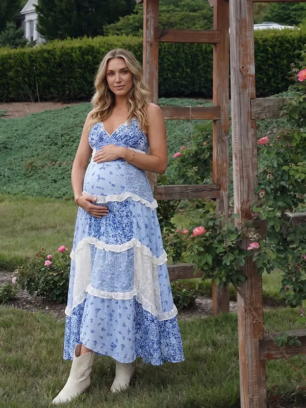 Blue Floral Maternity Dress, Cotton Boho Tiered Maxi Dress for Baby Shower, Maternity Photoshoot, Gender Reveal, Garden Party | Bumplook
