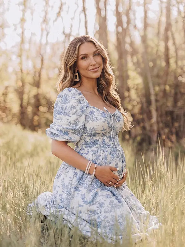Blue Floral Maternity Dress for Outdoor Spring and Summer Photoshoot | Bumplook