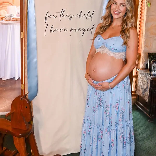Blue Floral Maternity Two Piece Set with Lace Crop Top and Maxi Skirt for Baby Shower and Maternity Photoshoot | Bumplook