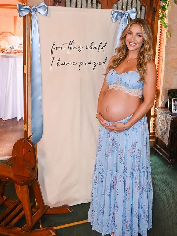 Blue Floral Maternity Two Piece Set with Lace Crop Top and Maxi Skirt for Baby Shower and Maternity Photoshoot | Bumplook