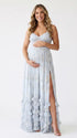Blue Floral Ruffle Maternity Maxi Dress, Lace Up Back Pregnancy Photoshoot Gown for Baby Shower, Maternity Photoshoot, Gender Reveal, Pregnancy Announcement, Wedding Guest, Bridal Shower, Formal Events | Bumplook