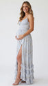 Blue Floral Ruffle Maternity Maxi Dress, Lace Up Back Pregnancy Photoshoot Gown for Baby Shower, Maternity Photoshoot, Gender Reveal, Pregnancy Announcement, Wedding Guest, Bridal Shower, Formal Events | Bumplook