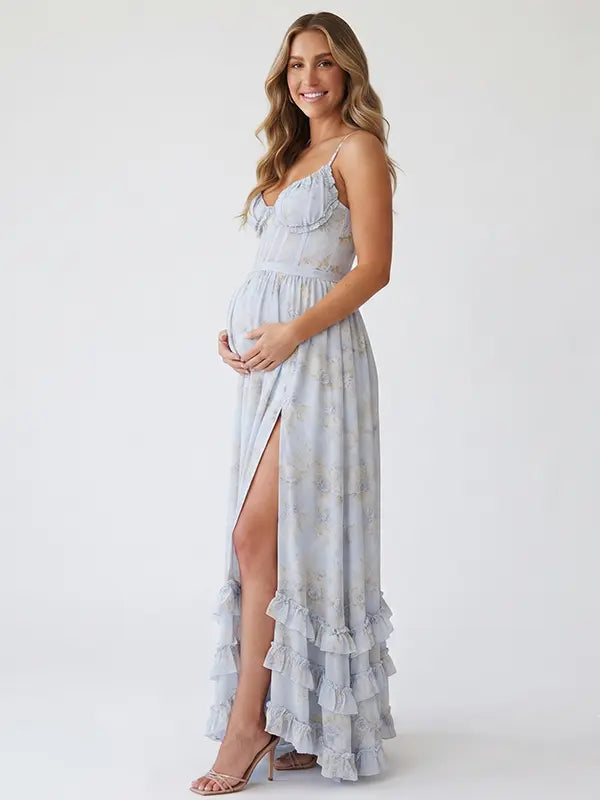 Blue Floral Ruffle Maternity Maxi Dress, Lace Up Back Pregnancy Photoshoot Gown for Baby Shower, Maternity Photoshoot, Gender Reveal, Pregnancy Announcement, Wedding Guest, Bridal Shower, Formal Events | Bumplook