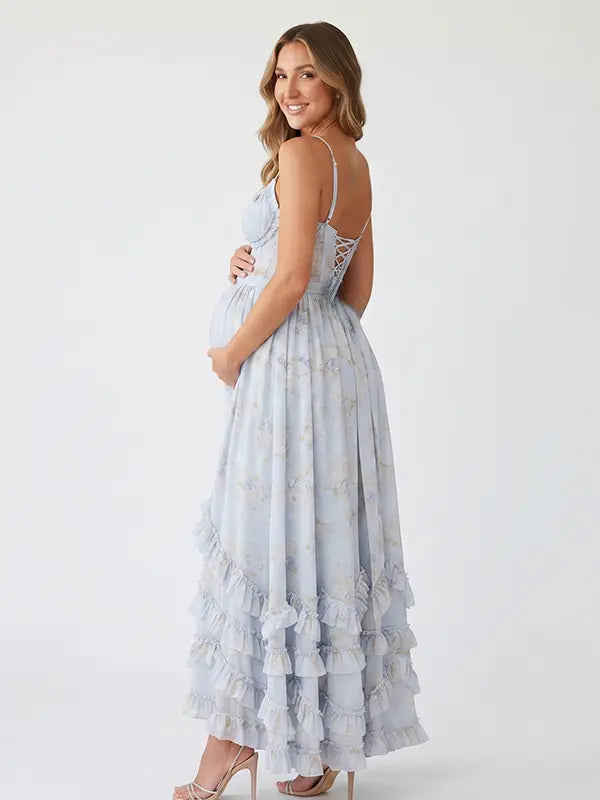 Blue Floral Ruffle Maternity Maxi Dress, Lace Up Back Pregnancy Photoshoot Gown for Baby Shower, Maternity Photoshoot, Gender Reveal, Pregnancy Announcement, Wedding Guest, Bridal Shower, Formal Events | Bumplook