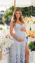 Blue Floral Ruffle Maternity Maxi Dress, Lace Up Back Pregnancy Photoshoot Gown for Baby Shower, Maternity Photoshoot, Gender Reveal, Pregnancy Announcement, Wedding Guest, Bridal Shower, Formal Events | Bumplook