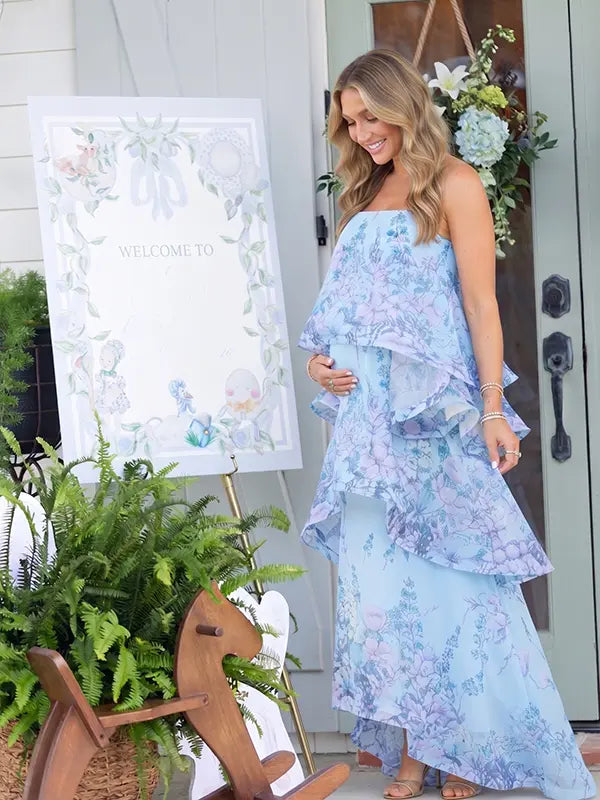 Blue Floral Tiered Ruffle Adjustable Strap Maternity Maxi Dress for Baby Shower, Garden Party, Maternity Photoshoot, Pregnancy Announcement, Spring Wedding and Outdoor Celebrations | Bumplook