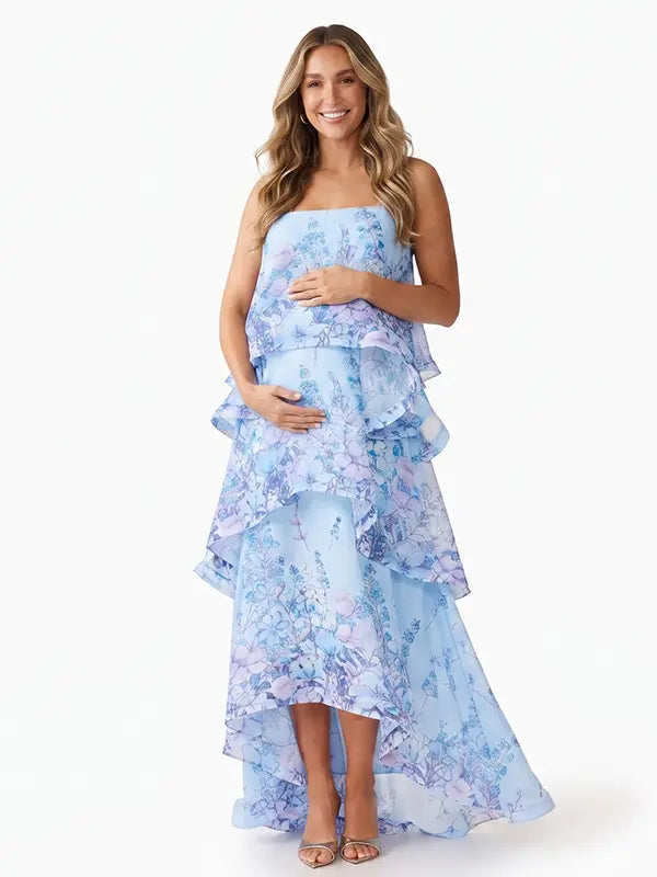 Blue Floral Tiered Ruffle Adjustable Strap Maternity Maxi Dress for Baby Shower, Garden Party, Maternity Photoshoot, Pregnancy Announcement, Spring Wedding and Outdoor Celebrations | Bumplook