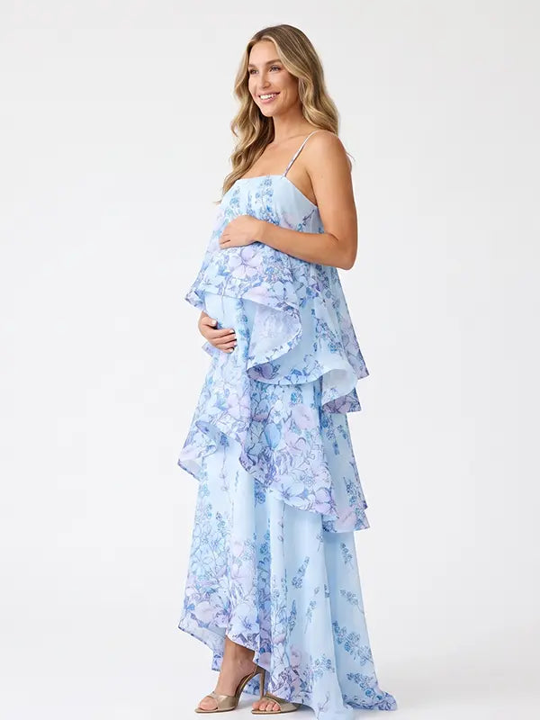 Blue Floral Tiered Ruffle Adjustable Strap Maternity Maxi Dress for Baby Shower, Garden Party, Maternity Photoshoot, Pregnancy Announcement, Spring Wedding and Outdoor Celebrations | Bumplook
