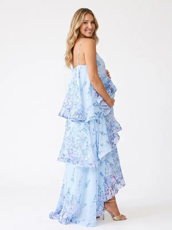 Blue Floral Tiered Ruffle Adjustable Strap Maternity Maxi Dress for Baby Shower, Garden Party, Maternity Photoshoot, Pregnancy Announcement, Spring Wedding and Outdoor Celebrations | Bumplook