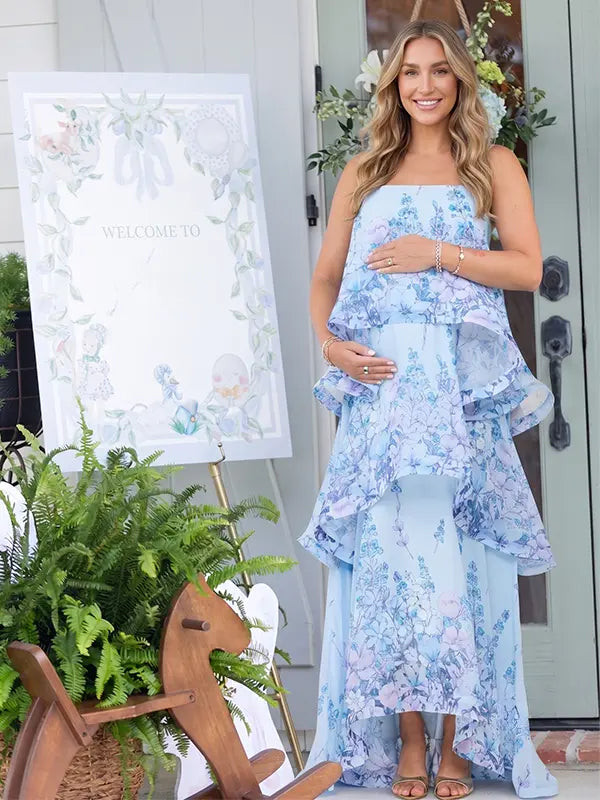 Blue Floral Tiered Ruffle Adjustable Strap Maternity Maxi Dress for Baby Shower, Garden Party, Maternity Photoshoot, Pregnancy Announcement, Spring Wedding and Outdoor Celebrations | Bumplook
