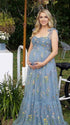 Blue floral embroidered maternity maxi gown for baby shower outfits and gender reveal 