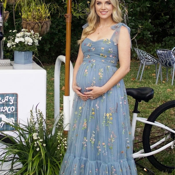 Blue floral embroidered maternity maxi gown for baby shower outfits and gender reveal 