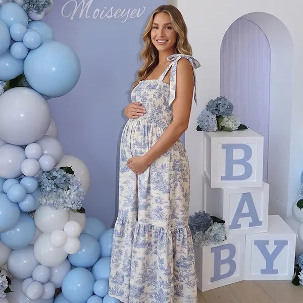 Blue Tie Shoulder Maternity Dress for Garden Party | Bumplook