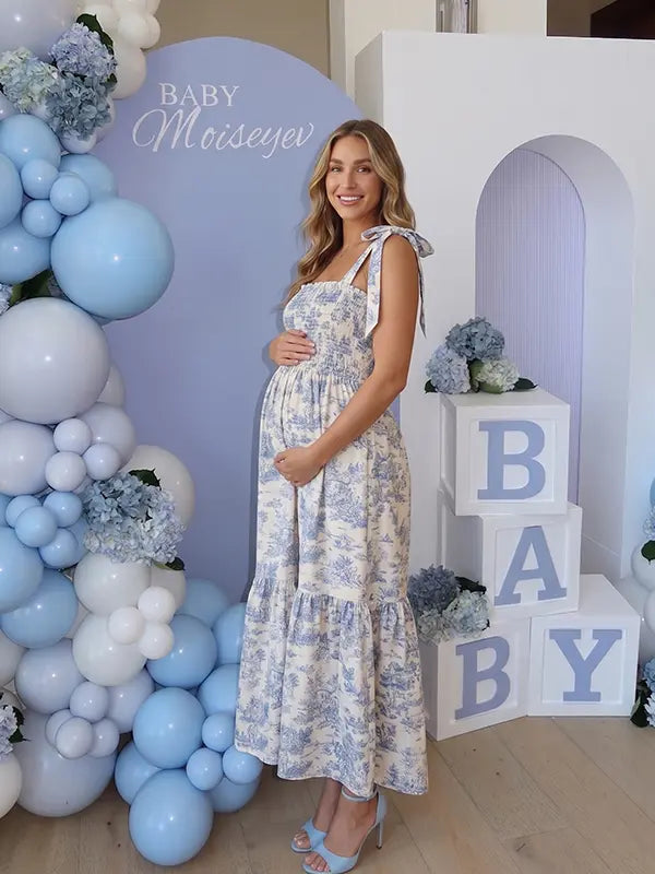 Blue Tie Shoulder Maternity Dress for Garden Party | Bumplook