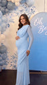 Baby Blue Draped Maternity Dress, Mesh Maternity Dress for Baby Shower, Maternity Photoshoot, Gender Reveal, Pregnancy Announcement, Wedding Guest, Bridal Shower, Formal Events | Bumplook