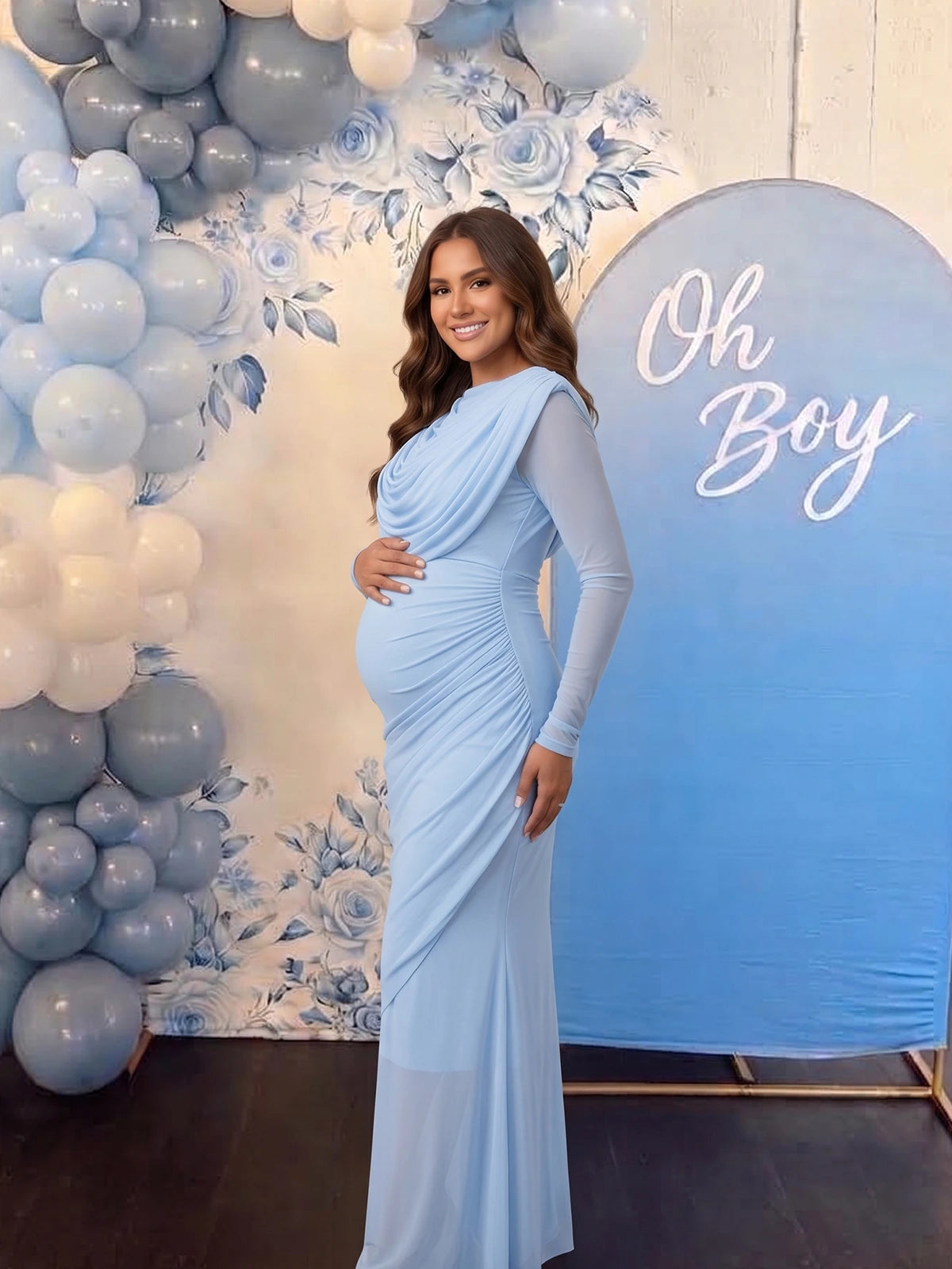 Baby Blue Draped Maternity Dress, Mesh Maternity Dress for Baby Shower, Maternity Photoshoot, Gender Reveal, Pregnancy Announcement, Wedding Guest, Bridal Shower, Formal Events | Bumplook