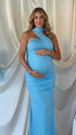 lake blue halter maternity maxi dress with ruched bodycon silhouette and cross neck detail