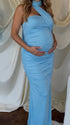 lake blue halter maternity maxi dress with ruched bodycon silhouette and cross neck detail