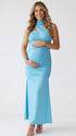 lake blue halter maternity maxi dress with ruched bodycon silhouette and cross neck detail