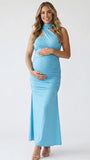 lake blue halter maternity maxi dress with ruched bodycon silhouette and cross neck detail