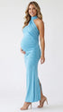 lake blue halter maternity maxi dress with ruched bodycon silhouette and cross neck detail