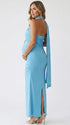 lake blue halter maternity maxi dress with ruched bodycon silhouette and cross neck detail