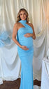 lake blue halter maternity maxi dress with ruched bodycon silhouette and cross neck detail