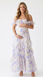 Blue Hydrangea Off Shoulder Ruffle Maternity Maxi Dress for Baby Shower, Garden Wedding, Maternity Photoshoot, Pregnancy Announcement and Gender Reveal | Bumplook