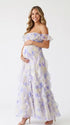 Blue Hydrangea Off Shoulder Ruffle Maternity Maxi Dress for Baby Shower, Garden Wedding, Maternity Photoshoot, Pregnancy Announcement and Gender Reveal | Bumplook