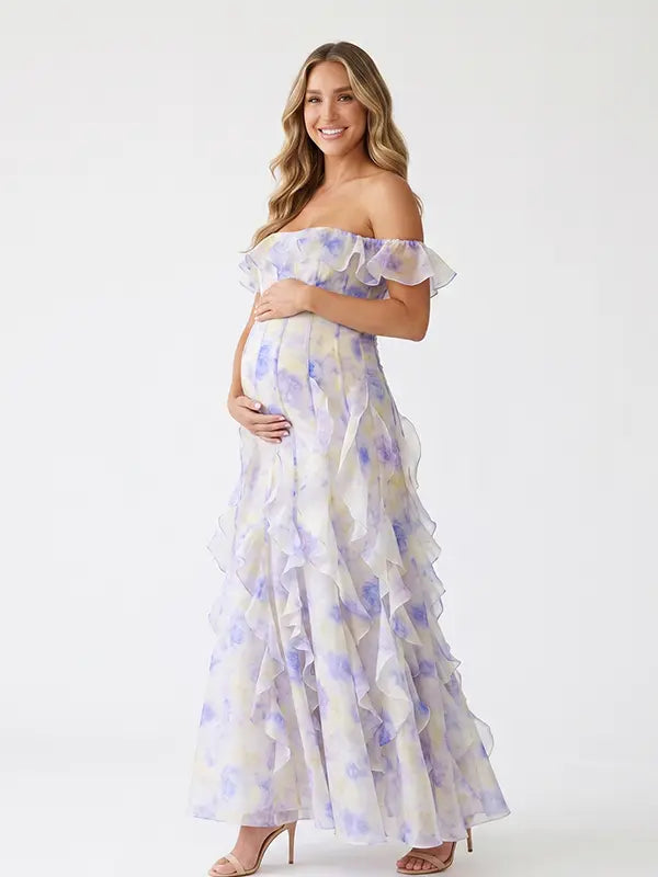 Blue Hydrangea Off Shoulder Ruffle Maternity Maxi Dress for Baby Shower, Garden Wedding, Maternity Photoshoot, Pregnancy Announcement and Gender Reveal | Bumplook