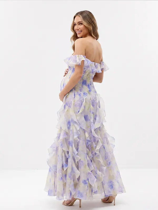 Blue Hydrangea Off Shoulder Ruffle Maternity Maxi Dress for Baby Shower, Garden Wedding, Maternity Photoshoot, Pregnancy Announcement and Gender Reveal | Bumplook