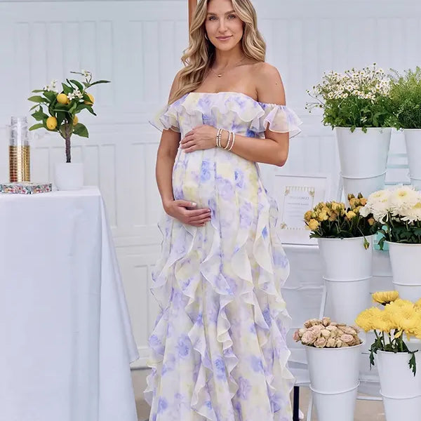 Blue Hydrangea Off Shoulder Ruffle Maternity Maxi Dress for Baby Shower, Garden Wedding, Maternity Photoshoot, Pregnancy Announcement and Gender Reveal | Bumplook