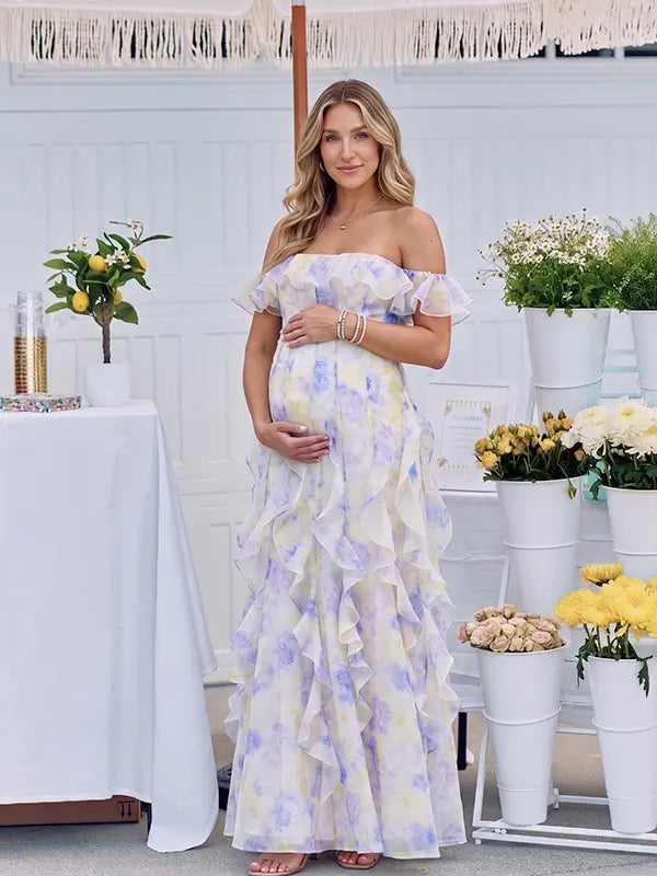 Blue Hydrangea Off Shoulder Ruffle Maternity Maxi Dress for Baby Shower, Garden Wedding, Maternity Photoshoot, Pregnancy Announcement and Gender Reveal | Bumplook