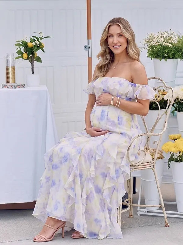 Blue Hydrangea Off Shoulder Ruffle Maternity Maxi Dress for Baby Shower, Garden Wedding, Maternity Photoshoot, Pregnancy Announcement and Gender Reveal | Bumplook