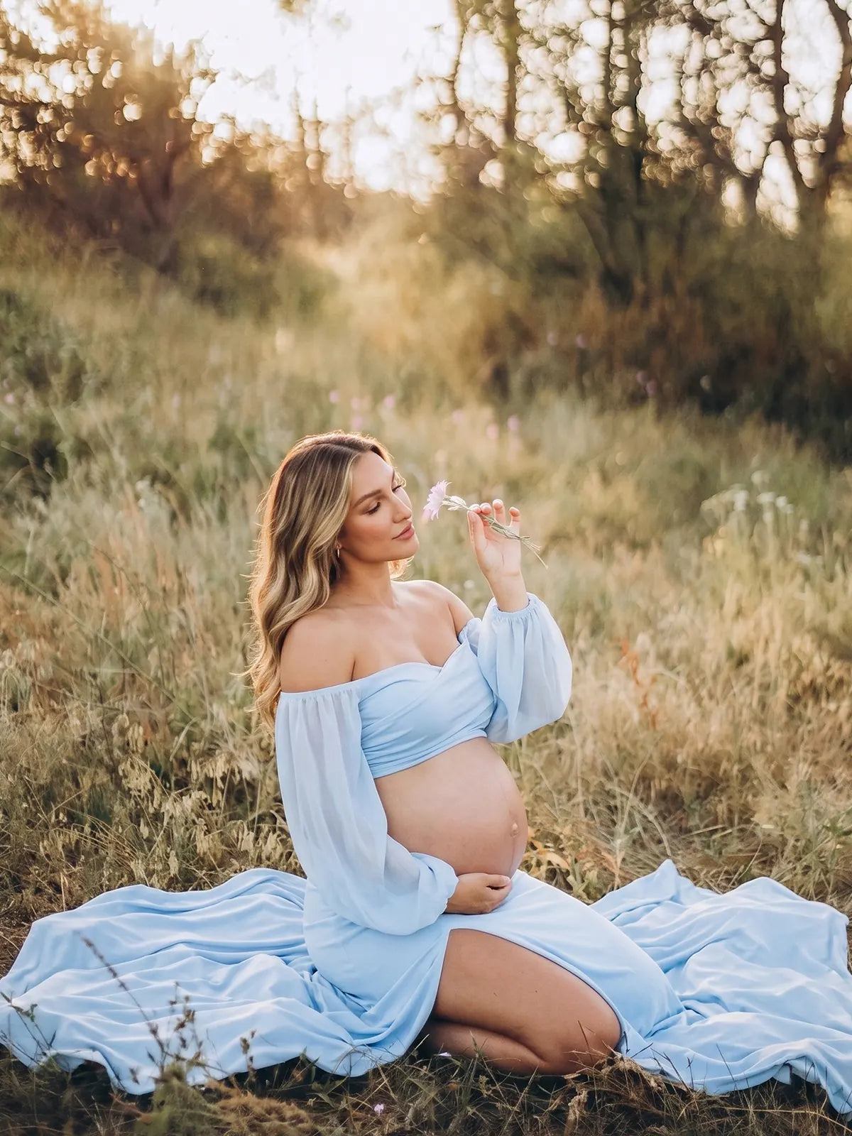 Baby Blue Maternity Crop Top and Skirt, Two Piece Pregnancy Photoshoot Set for Studio and Outdoor Maternity Photos | Bumplook
