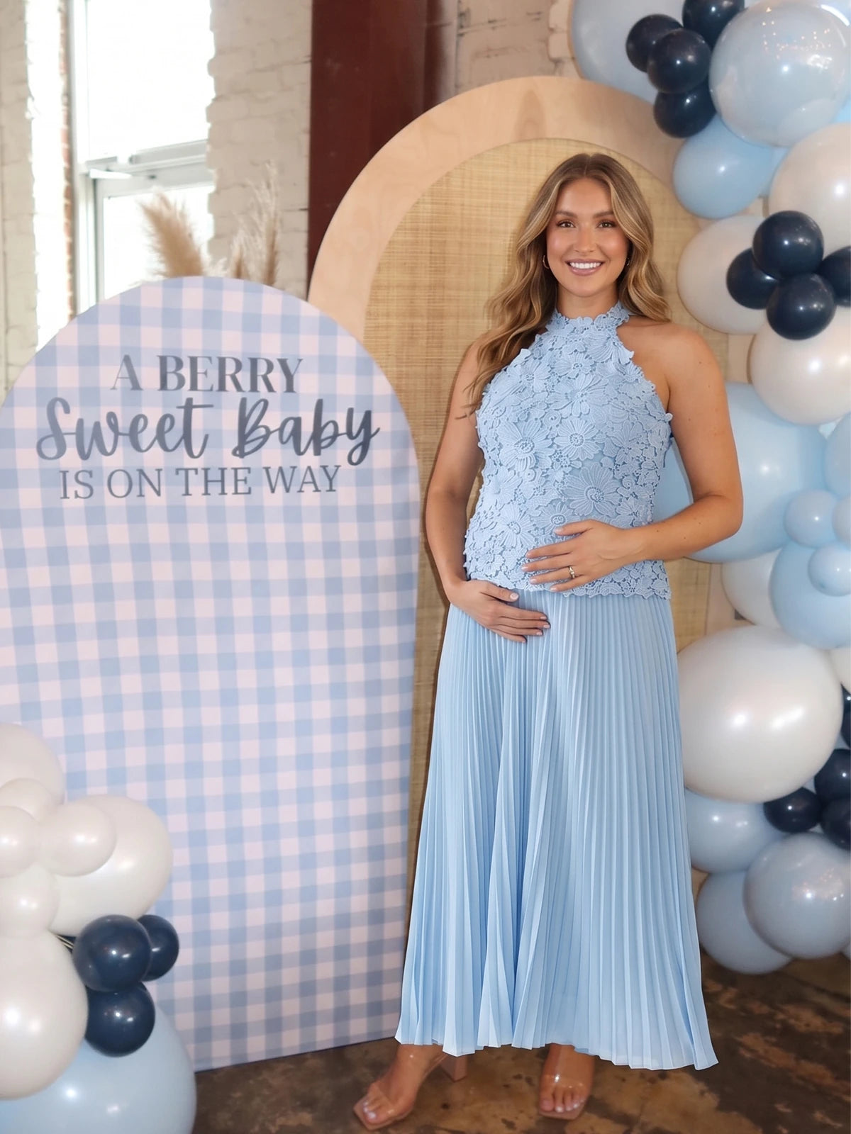 Baby Blue Pleated Pregnancy Maxi Dress for Baby Shower | Bumplook