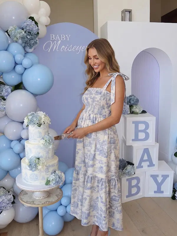 Blue Toile Maternity Sundress for Outdoor Pregnancy Photoshoot | Bumplook