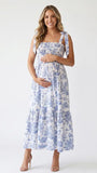 Blue Maternity Sundress with Toile Print and Tie Shoulder Straps | Bumplook