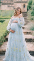 Powder Blue Maternity Photoshoot Dress with Floral Embroidery, Sweetheart Corset Bodice and Sheer Puff Sleeves for Baby Shower | Bumplook